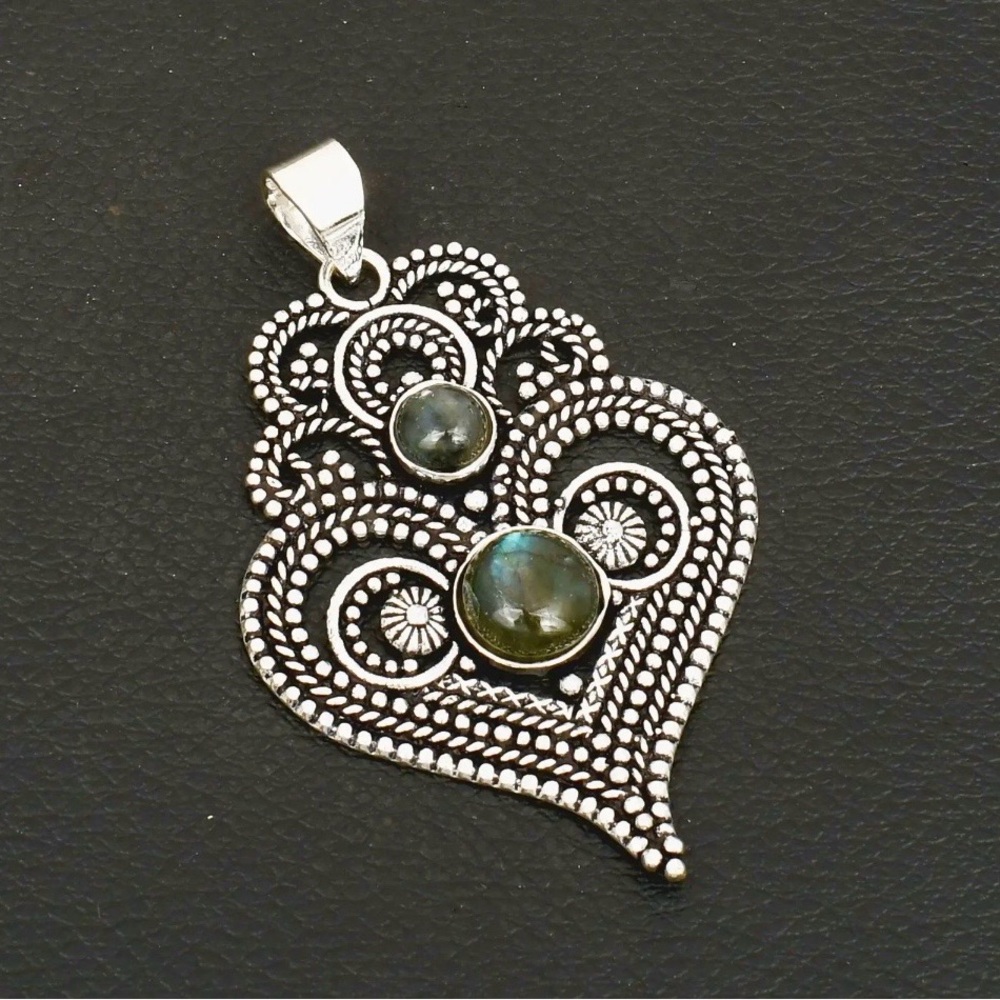 Natural Labradorite Heart Gemstone 2.5” Sterling Silver Pendant